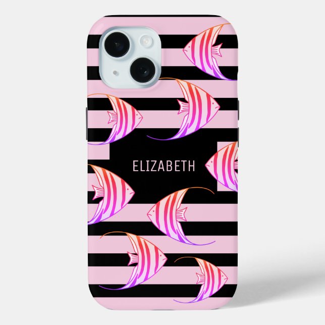 Modern Black Pink Striped Angel Fish Personalized Case-Mate iPhone Case (Back)