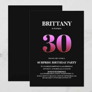 Modern Black Pink Surprise 30th Birthday Invitation