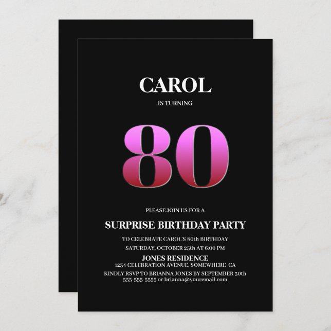 Modern Black Pink Surprise 80th Birthday Invitation (Front/Back)