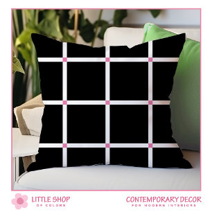 Modern Black Pink Windowpane Plaid Throw Pillow