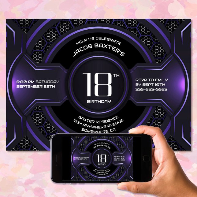Modern Black Purple 18th Birthday Party Invitation (Creator Uploaded)