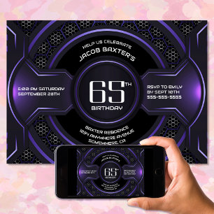 Modern Black Purple 65th Birthday Party Invitation