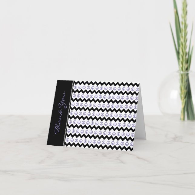 Modern Black Purple Chevron Peace Signs Thank You Card (Front)