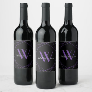 Modern Black Purple Monogram Geometric Name Script Wine Label
