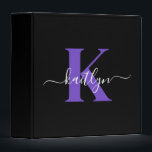 Modern Black Purple Script Monogram Binder<br><div class="desc">This simple, elegant black 2" capacity 3 ring binder with your first name in a trendy script font in white typed over your first initial in a modern cap font in purple is perfect for keeping your recipes, photos, papers neat and tidy. It's stylish and trendy and yet very classic....</div>
