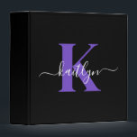 Modern Black Purple Script Monogram Binder<br><div class="desc">This simple, elegant black 2" capacity 3 ring binder with your first name in a trendy script font in white typed over your first initial in a modern cap font in purple is perfect for keeping your recipes, photos, papers neat and tidy. It's stylish and trendy and yet very classic....</div>