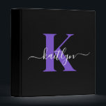 Modern Black Purple Script Monogram Binder<br><div class="desc">This simple, elegant black 1" capacity 3 ring binder with your first name in a trendy script font in white typed over your first initial in a modern cap font in purple is perfect for keeping your recipes, photos, papers neat and tidy. It's stylish and trendy and yet very classic....</div>