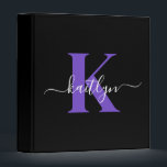 Modern Black Purple Script Monogram Binder<br><div class="desc">This simple, elegant black 1" capacity 3 ring binder with your first name in a trendy script font in white typed over your first initial in a modern cap font in purple is perfect for keeping your recipes, photos, papers neat and tidy. It's stylish and trendy and yet very classic....</div>