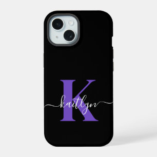 Modern Black Purple Script Monogram iPhone 15 Case