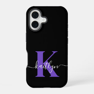 Modern Black Purple Script Monogram iPhone 16 Case