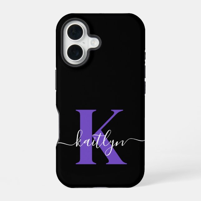 Modern Black Purple Script Monogram iPhone 16 Case (Back)