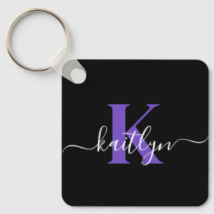 Modern Black Purple Script Monogram Keychain