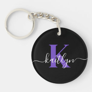 Modern Black Purple Script Monogram Keychain