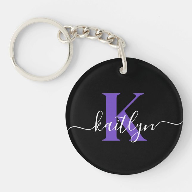 Modern Black Purple Script Monogram Keychain (Front)