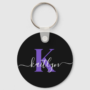 Modern Black Purple Script Monogram Keychain