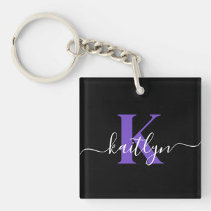 Modern Black Purple Script Monogram Keychain