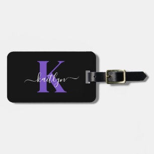 Modern Black Purple Script Monogram Luggage Tag