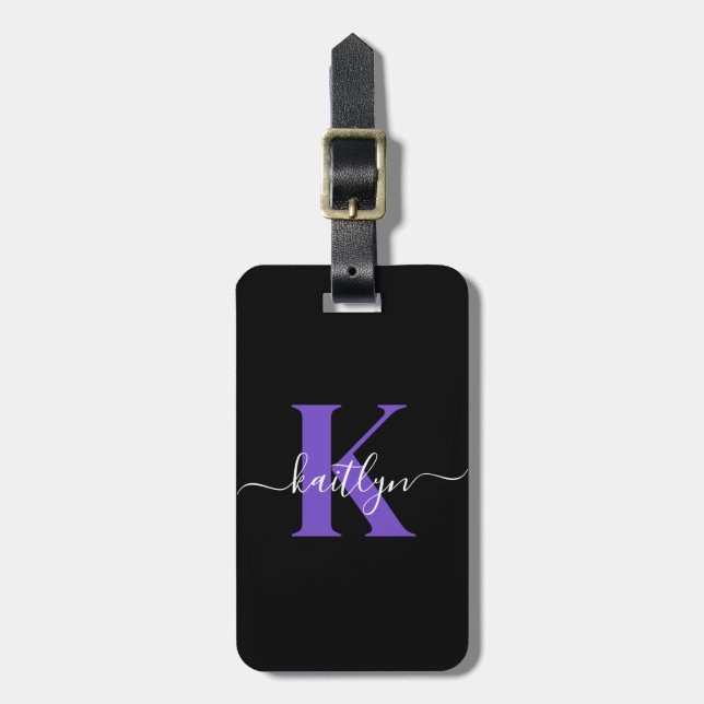 Modern Black Purple Script Monogram Luggage Tag (Front Vertical)