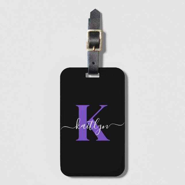 Modern Black Purple Script Monogram Luggage Tag (Front Vertical)