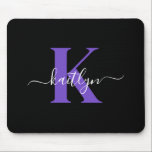 Modern Black Purple Script Monogram Mouse Pad<br><div class="desc">This simple, elegant black mousepad with your first name in a trendy script font in white typed over your first initial in a modern cap font in purple is perfect for your office/desk. It's stylish and trendy and yet very classic.</div>