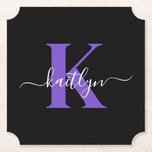 Modern Black Purple Script Monogram Paper Coaster