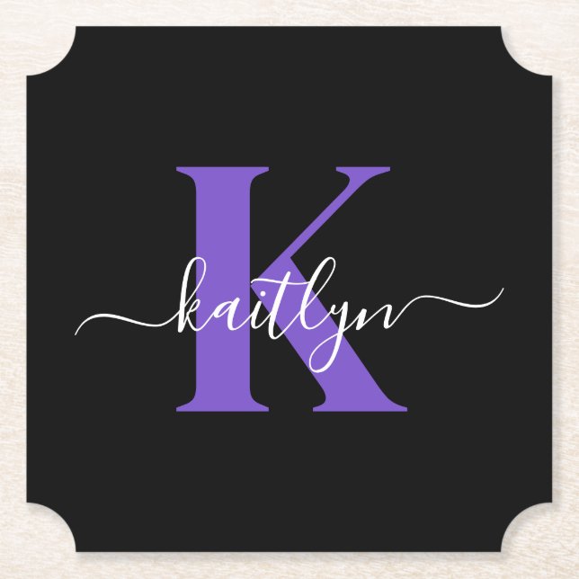 Modern Black Purple Script Monogram Paper Coaster (Front)