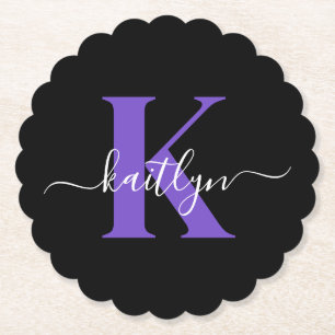 Modern Black Purple Script Monogram Paper Coaster