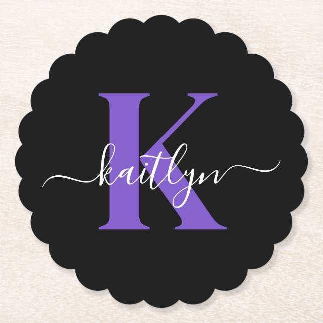 Modern Black Purple Script Monogram Paper Coaster (Front)
