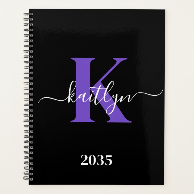 Modern Black Purple Script Monogram Planner (Front)