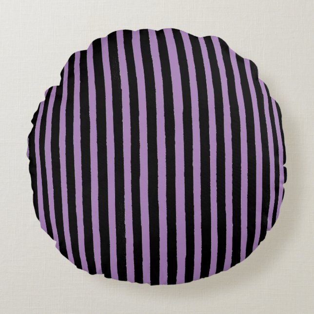 Modern, Black Purple Stripes Round Pillow (Front)