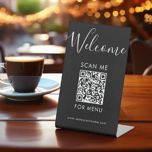 Modern Black QR Code Menu Welcome Scan Me Pedestal Sign