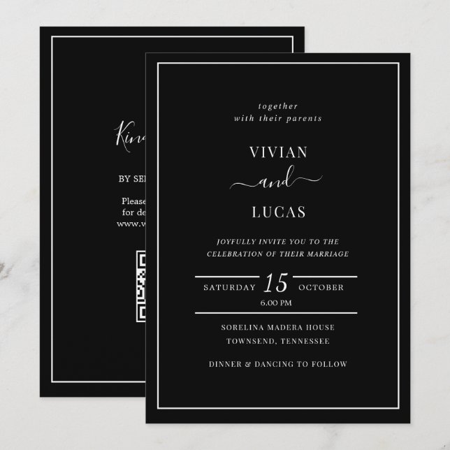 Modern Black QR Code Minimal Wedding Invitation (Front/Back)