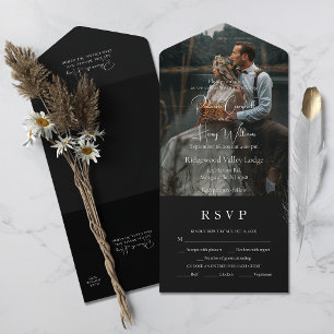Modern Black QR Code   Photo   Entree RSVP Wedding All In One Invitation