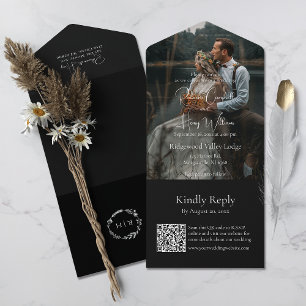 Modern Black QR Code   Photo   Monogram Wedding All In One Invitation