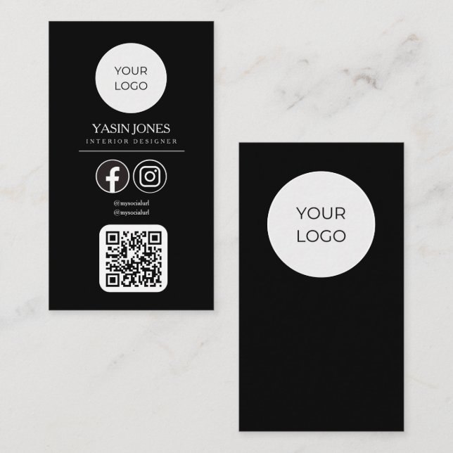 Modern Black QR Code Social Media Business Card (Front/Back)