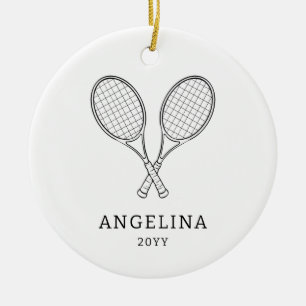 Modern Black Racket Personalized Name Tennis Lover Ceramic Ornament