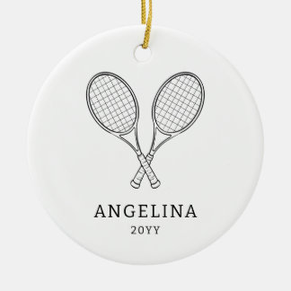 Modern Black Racket Personalized Name Tennis Lover Ceramic Ornament