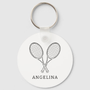 Modern Black Racket Personalized Name Tennis Lover Keychain