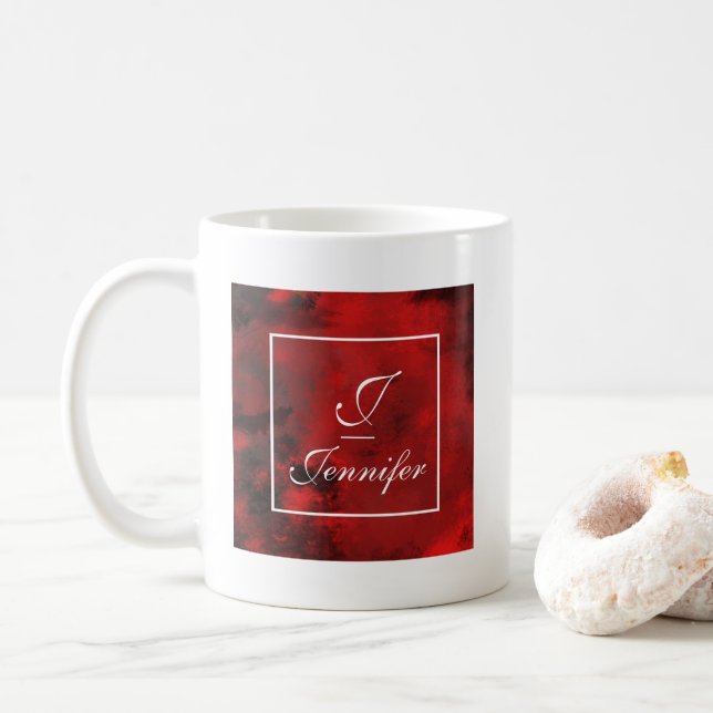 Modern Black & Red Abstract Monogram Coffee Mug (With Donut)