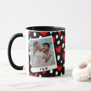 Modern Black Red and White Heart Couple Photo Mug