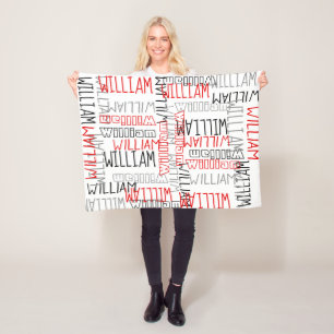 Modern Black Red Boys Personalized Custom Name Fleece Blanket
