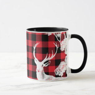 Modern Black Red Buffalo Plaid Deer and Name Mug