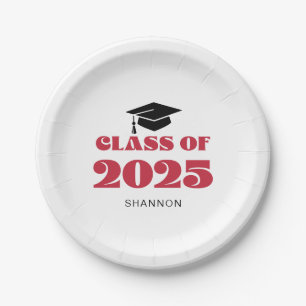 Modern Black Red Class of 2025 Paper Plate