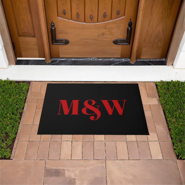 Modern black red custom couple monogram initials doormat (Outdoor)