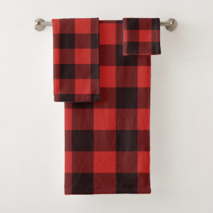 Modern Black & Red Farmhouse Flannel Bath Towel Set