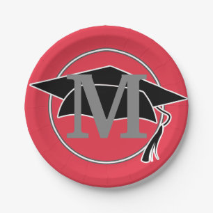 Modern Black Red Graduation Monogram Initial Paper Plate