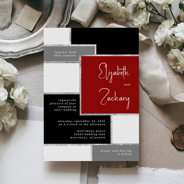 Modern Black Red Grey Silver Wedding Invitation (A unique choice for a wedding with a black, white, red and silver palette.)