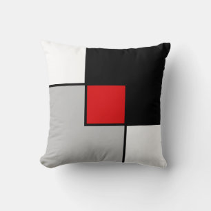 Modern Black Red Grey Squares Throw Pillow