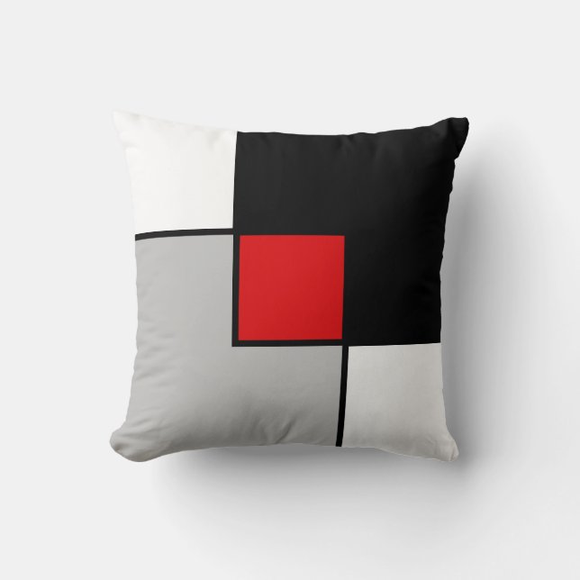 Modern Black Red Grey Squares Throw Pillow (Front)