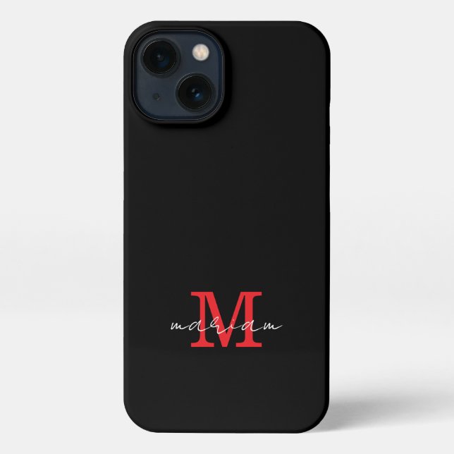Modern Black Red Personalized Monogram Phone Case (Back)